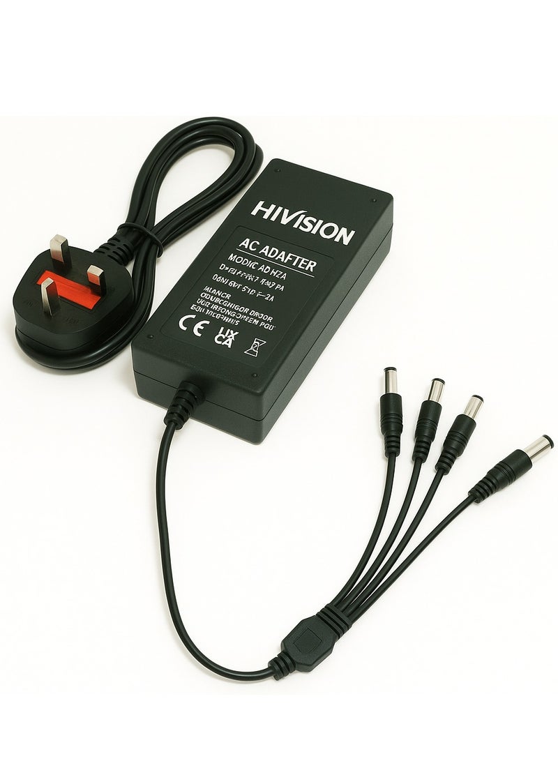 Hivision 12V 5A Power Supply Adapter with 4-Way DC Splitter Cable – AC 100-240V Input – UK Plug – for CCTV Security Cameras & DVRs  - Image 1