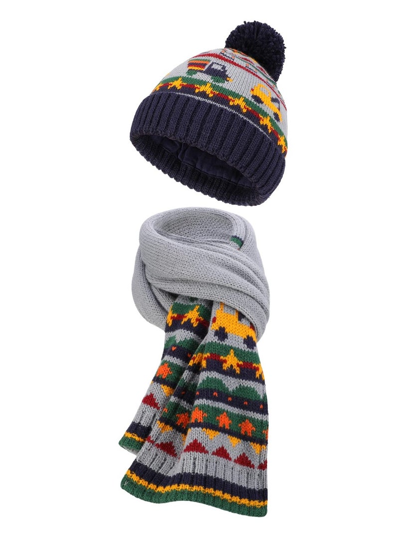 Winter Kids Knit Bobble Hat Scarf Set Warm Beanie Cap with Thick Cotton Lining and Neck Warmer Warm Fleece Lining Outdoor Sport Skiing Soft Accessories for Kid Children Girls Boys Aged 3+ Grey - Image 1