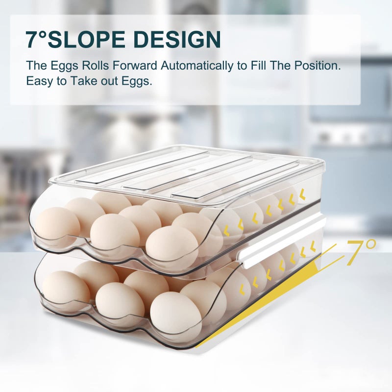 MesRosa حامل بيض ميسروسا للثلاجة، حاوية تخزين البيض المتداول تلقائيًا للثلاجة، منظم بيض بسعة كبيرة للثلاجة مع غطاء، صينية توزيع بلاستيكية شفافة وصندوق - طبقة واحدة - Image 3