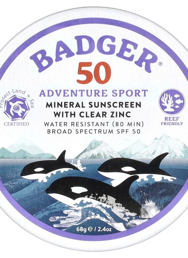 Badger Adventure Sport Mineral Sunscreen with Clear Zinc SPF 50 Unscented 2.4 oz (68 g) 