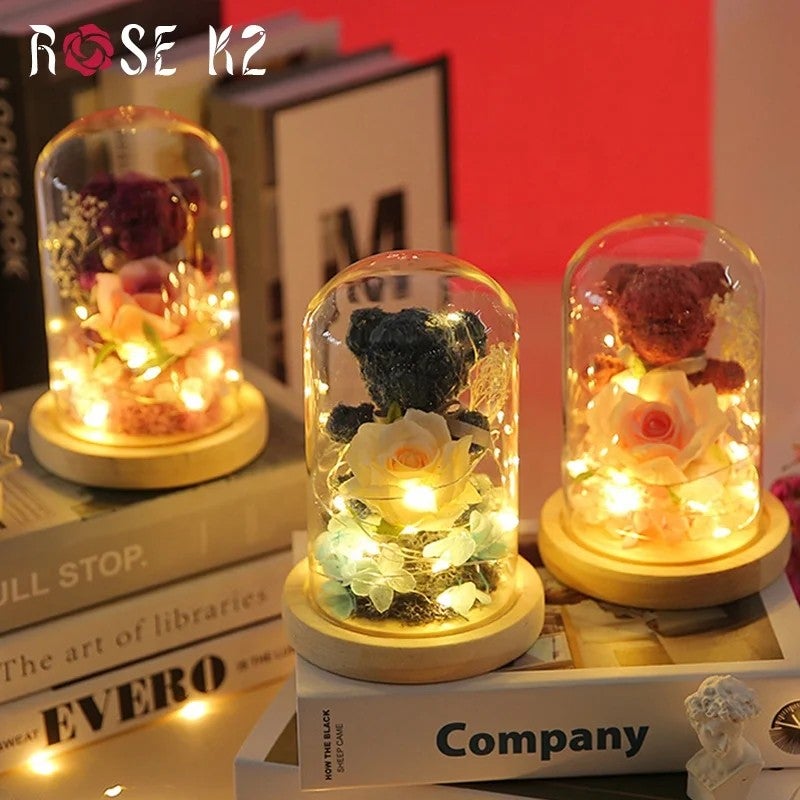 Bluejw Gift Box Moss Bear Rose Dried Flower Bouquet - Creative Valentine's Mother's Day Gift - Glass Dome Eternal Flower Featuring Dried Plants - Image 2