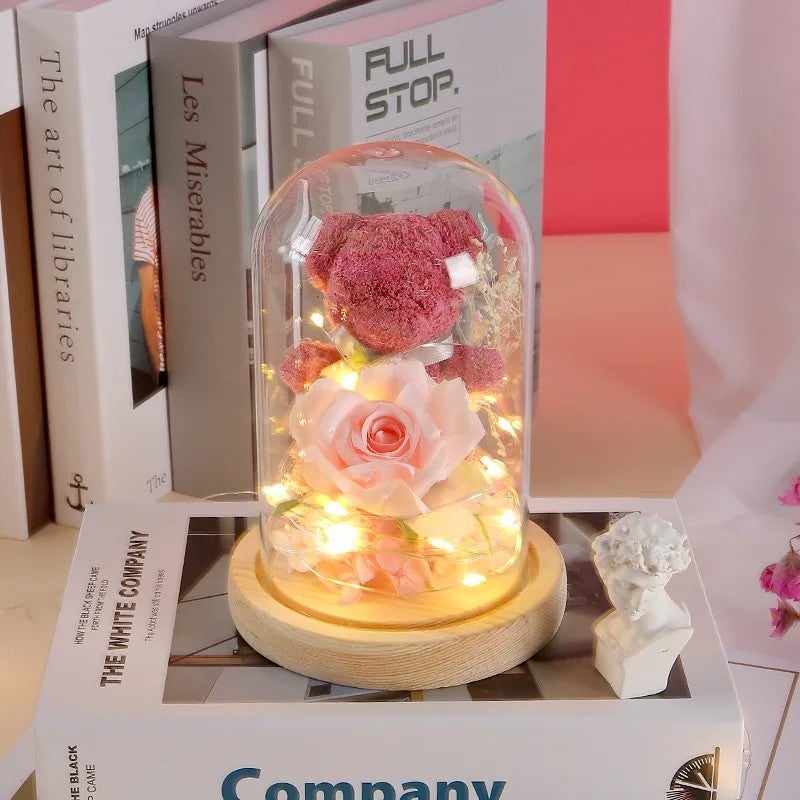 Bluejw Gift Box Moss Bear Rose Dried Flower Bouquet - Creative Valentine's Mother's Day Gift - Glass Dome Eternal Flower Featuring Dried Plants - Image 1