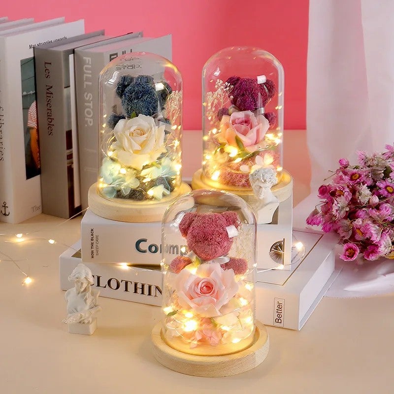 Bluejw Gift Box Moss Bear Rose Dried Flower Bouquet - Creative Valentine's Mother's Day Gift - Glass Dome Eternal Flower Featuring Dried Plants - Image 4