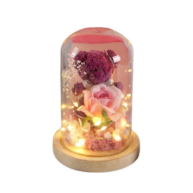 Bluejw Gift Box Moss Bear Rose Dried Flower Bouquet - Creative Valentine's Mother's Day Gift - Glass Dome Eternal Flower Featuring Dried Plants - Image 3