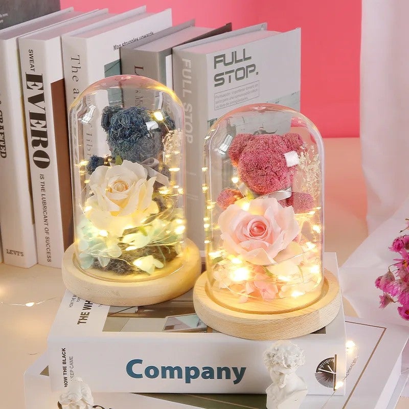 Bluejw Gift Box Moss Bear Rose Dried Flower Bouquet - Creative Valentine's Mother's Day Gift - Glass Dome Eternal Flower Featuring Dried Plants - Image 5