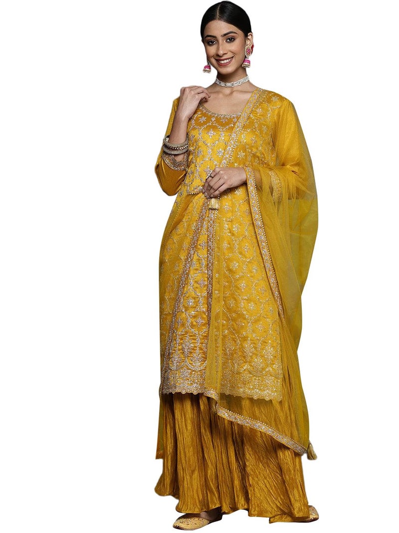 Libas Womens Embroidered Silk Blend Pakistani Kurta With Sharara and Dupatta - Image 1