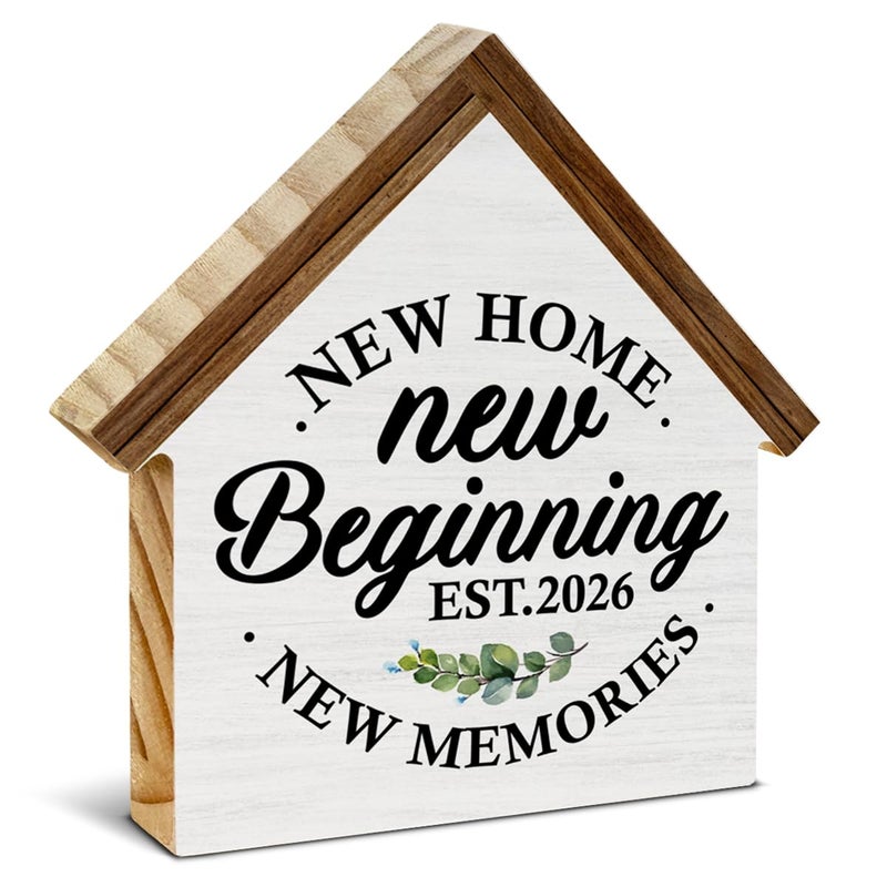 CIANMGD 2026 Housewarming Gifts, New Home Gift Ideas, New Beginnings House Shaped Wooden Block Sign, Home Living Room Decor for Desk Table Shelf - Image 1