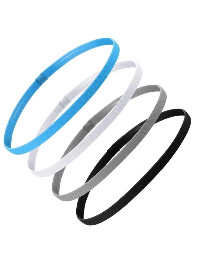 Sport Headbands, 4 Pcs Thick Non-Slip Hair Headbands for Women and Men, Elastic Sport Hairband Athletic Head Bands for Gym Hockey Football Tennis Yoga(Black, White, Grey, Royal Blue)