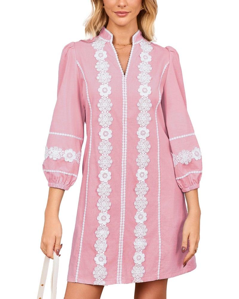 YEXPINE Women's Embroidered Lace Floral Tunic Dress 3/4 Puff Sleeve V Neck Mini Dress with Pockets Pink - Image 1