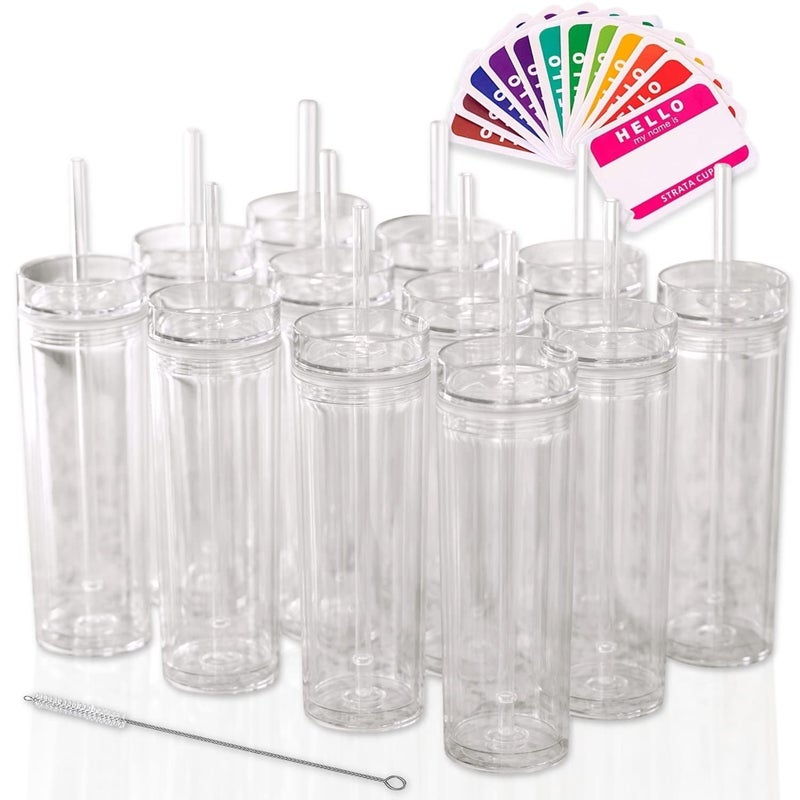 STRATA CUPS 12 Clear Skinny Tumblers with Lids and Straws  16oz Reusable Cup DoubleWall Clear Tumbler with Lid and Straw Durable Acrylic Tumblers With FREE Straw Cleaner  Name Tags