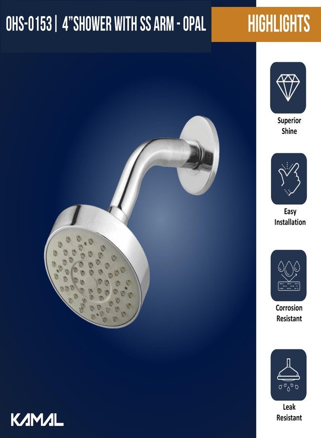 KAMAL Round 4 Inch ABS Shower Head with Stainless Steel 8 Inch Arm & Wall Flange | High Pressure Rain Shower | Chrome Finish | Wall Mounted Bathroom Shower - Image 2
