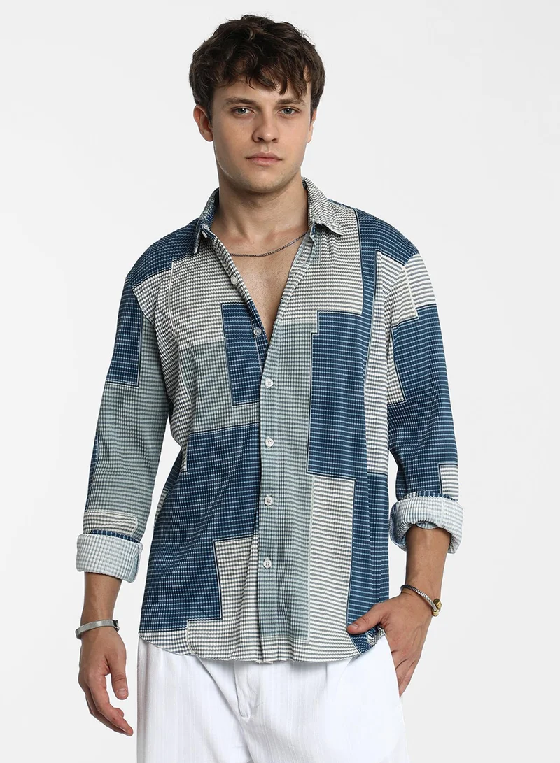 Campus Sutra Men's Cloud Grey & Lapis Blue Retro-Pleat Shirt