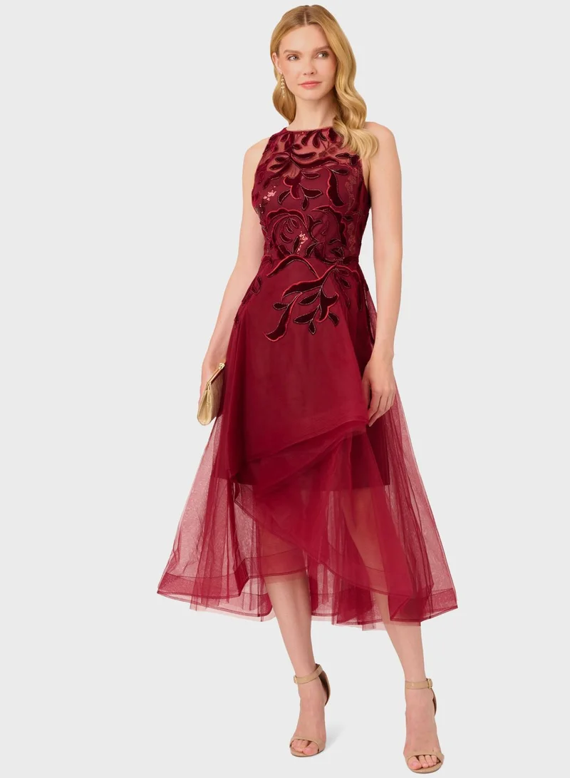Adrianna Papell Floral Tulle Midi Dress