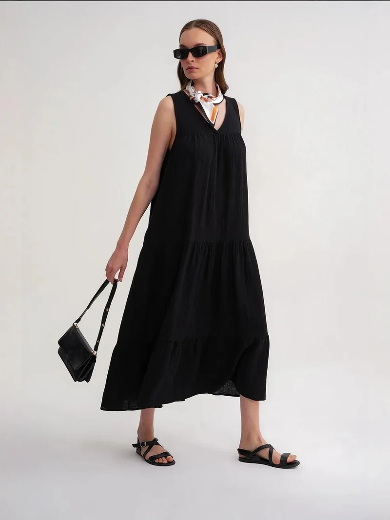 MixRay Mixray Sleeveless V-Neck Muslin Midi Dress with Pockets