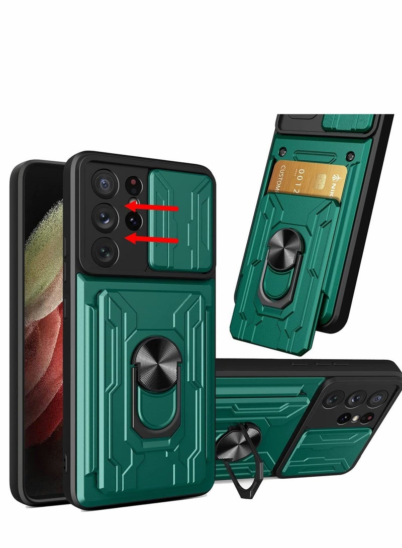 Y&D Case for Samsung Galaxy S21 Ultra 5G with Removable Kickstand Card Holder Slide Camera Cover Ring Stand Magnetic Hybrid Armor Hard Luxury Green - Image 1