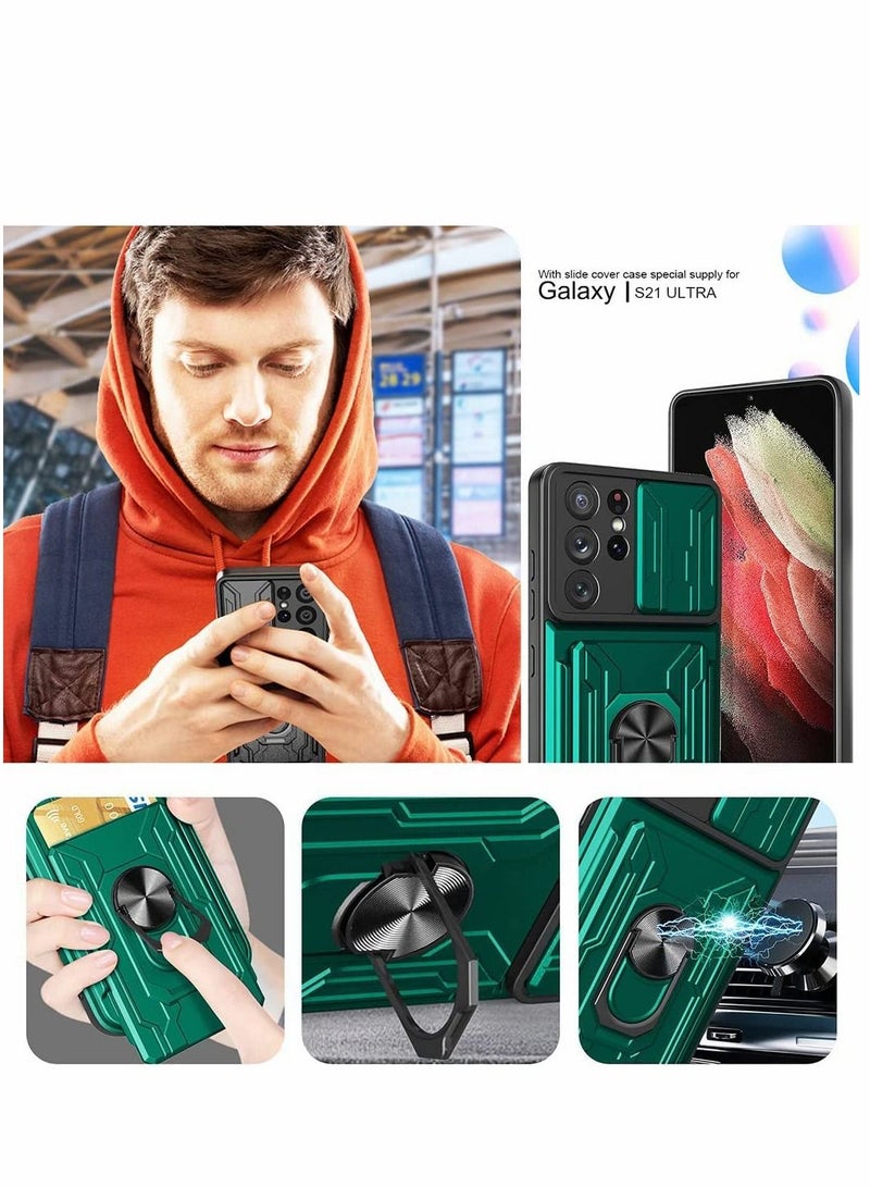Y&D Case for Samsung Galaxy S21 Ultra 5G with Removable Kickstand Card Holder Slide Camera Cover Ring Stand Magnetic Hybrid Armor Hard Luxury Green - Image 2