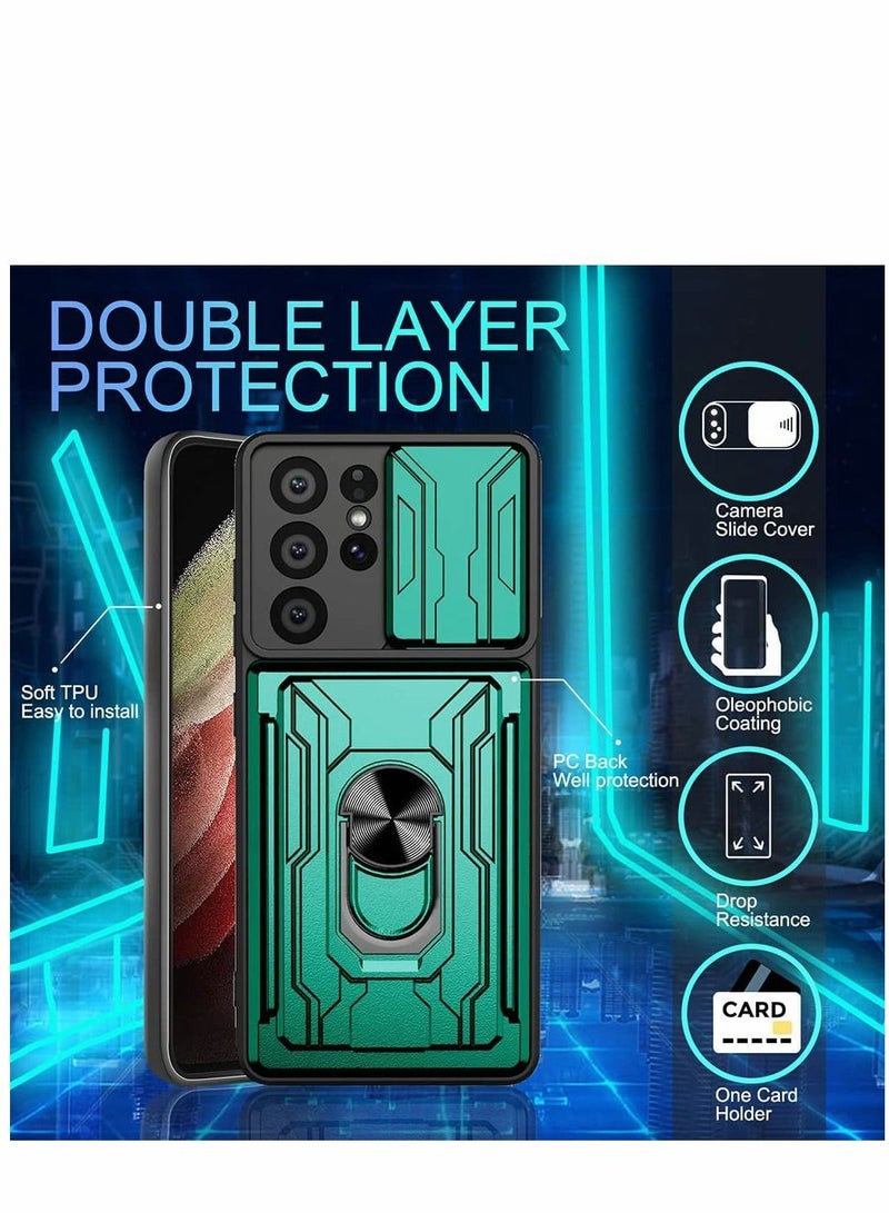Y&D Case for Samsung Galaxy S21 Ultra 5G with Removable Kickstand Card Holder Slide Camera Cover Ring Stand Magnetic Hybrid Armor Hard Luxury Green - Image 5