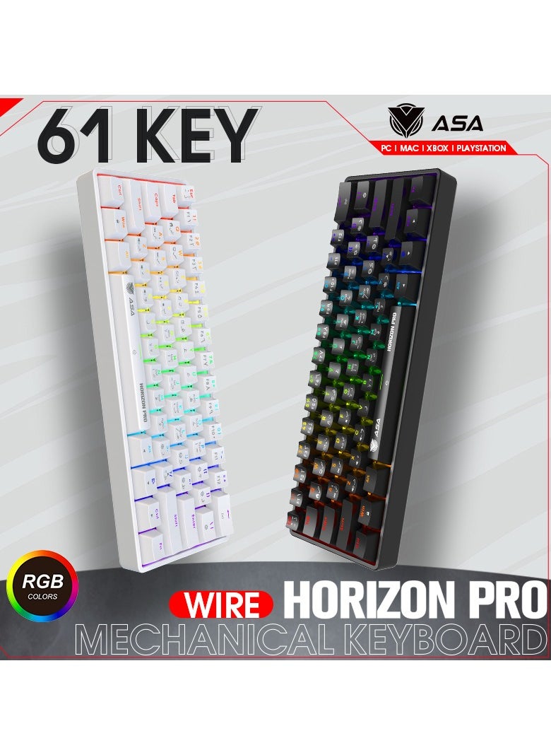 لوحة مفاتيح الألعاب الميكانيكية HORIZON PRO RGB لأجهزة الكمبيوتر الشخصي مع 61 مفتاحًا - سلكي