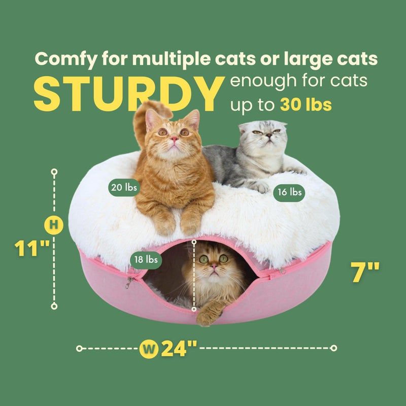 CATTASAURUS Peekaboo Cat Cave for Multiple & Large Cats Up to 30-45 Lbs, Fluffy Cat Beds for Indoor Cats, Scratch Detachable & Washable Tunnel Bed, Comfy Donut Cave (Pink, Large (Calming)) - Image 4