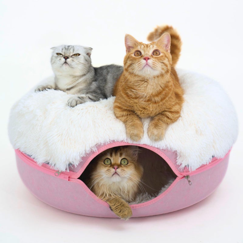 CATTASAURUS Peekaboo Cat Cave for Multiple & Large Cats Up to 30-45 Lbs, Fluffy Cat Beds for Indoor Cats, Scratch Detachable & Washable Tunnel Bed, Comfy Donut Cave (Pink, Large (Calming)) - Image 1