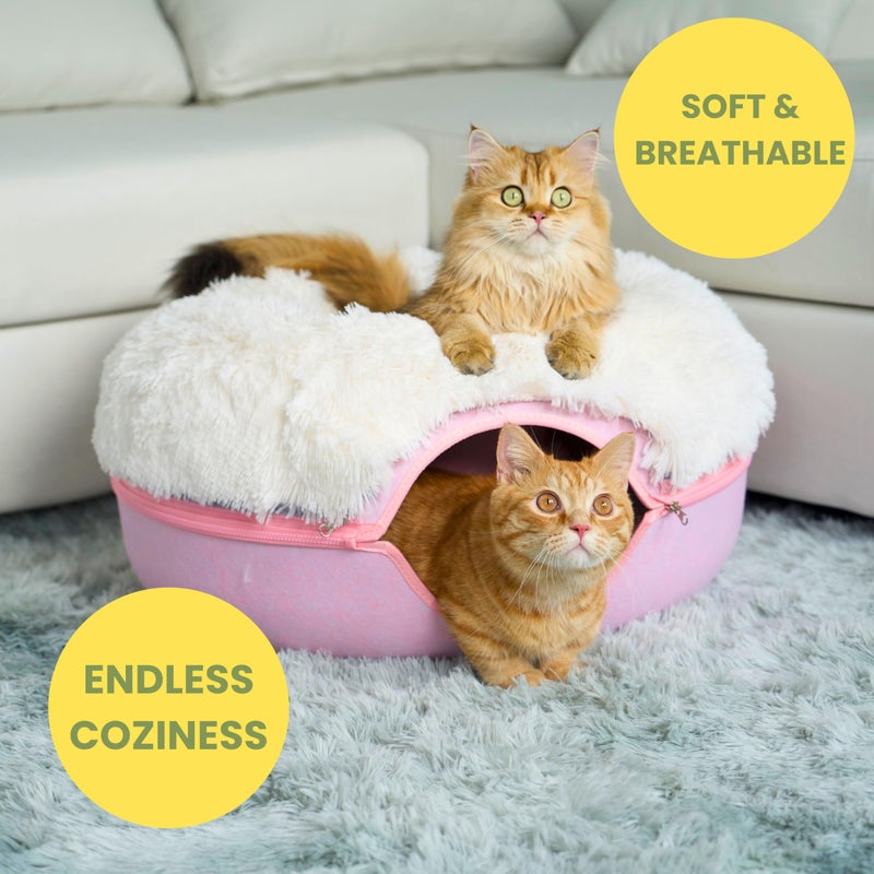 CATTASAURUS Peekaboo Cat Cave for Multiple & Large Cats Up to 30-45 Lbs, Fluffy Cat Beds for Indoor Cats, Scratch Detachable & Washable Tunnel Bed, Comfy Donut Cave (Pink, Large (Calming)) - Image 5