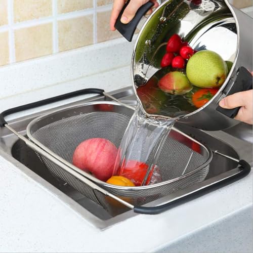 SHREE HANS CREATION Over The Sink Colander Strainer Stainless Steel Kitchen Sink Drain Basket Storage Dish Rack Adjustable,Durable, Rubber Grip Handle, Fine Mesh Strainer Expandable Rinse Fruits, Vegetables - Image 5