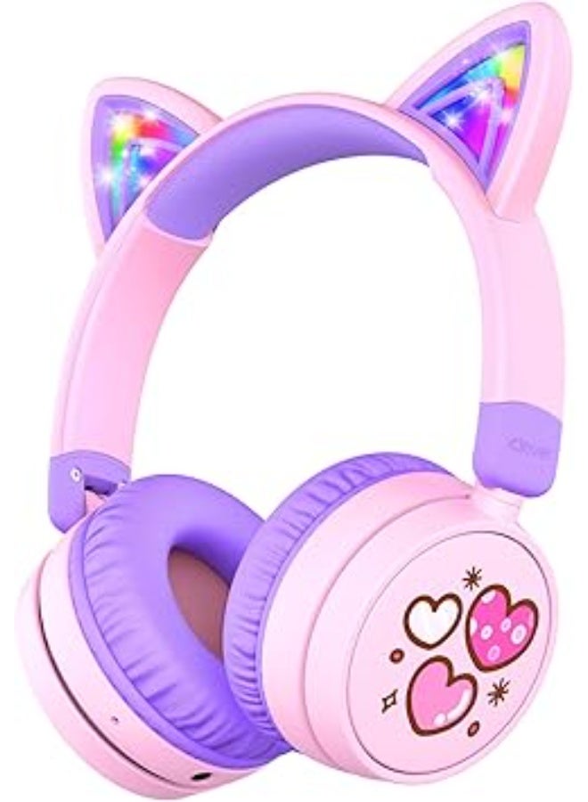 iClever Kids Bluetooth Headphones, 60H Playtime, LED Light Up Cat Ear, Safe Volume 74/85dBA, Bluetooth 5.3, USB C Charging, Kids Headphones Wireless Built in Mic for iPad Tablets Travel Gift - Image 1