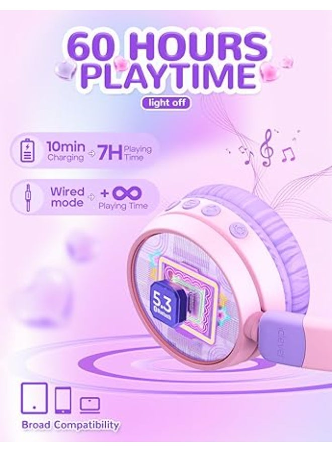 iClever Kids Bluetooth Headphones, 60H Playtime, LED Light Up Cat Ear, Safe Volume 74/85dBA, Bluetooth 5.3, USB C Charging, Kids Headphones Wireless Built in Mic for iPad Tablets Travel Gift - Image 2