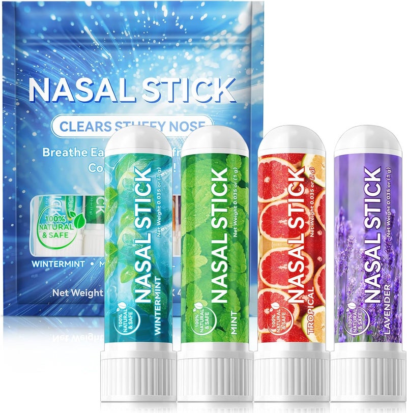 HUALIJIA Nasal Sticks (4 Pack), Nose Inhaler Stick with Essential Oils + Menthol (Mint, Wintermint, Tropical, Lavender) - Enhance Focus & Breathe Better, Provides Fresh Cooling Sensation