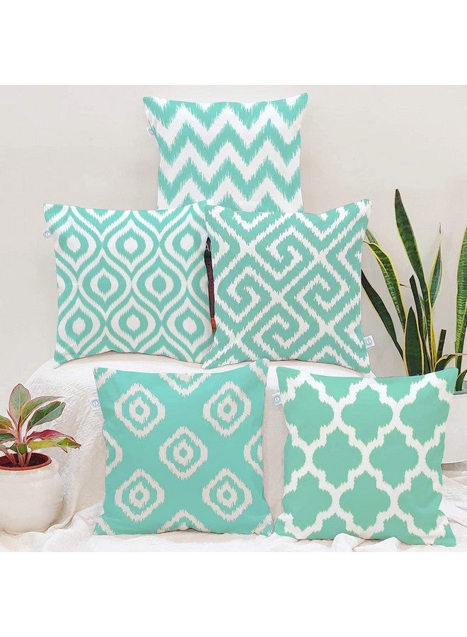 STITCHNEST Teal Geometrical Ikat Ethnic Printed Poly Cotton Cushion Covers, Teal Set of 5 (16 x 16 Inches) - Image 1