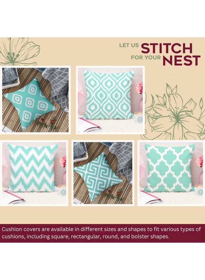 STITCHNEST Teal Geometrical Ikat Ethnic Printed Poly Cotton Cushion Covers, Teal Set of 5 (16 x 16 Inches) - Image 2