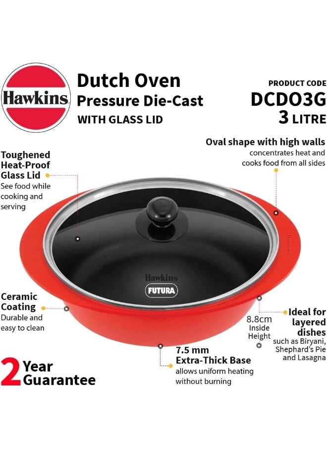 Hawkins 3 Liters Dutch Oven Pressure Die-Cast With Glass Lid,Red  - Image 2