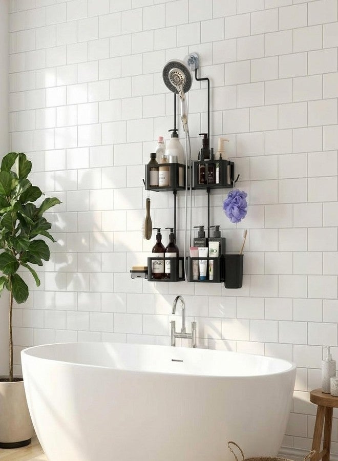 Epicano Hanging Shower Caddy for Handheld Showerheads, Anti-Swing Overhead ShowerCaddy with Removable Hooks & Holders for Razor, Sponge, Soap & Toothbrush, Stainless Steel, Black - Image 2