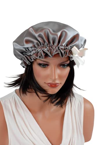 VIYANSHI Adjustable Satin Sleep Cap Hair Bonnet Double Layered Reversible for Women Protective Sleep Hairstyles Silver - Image 1