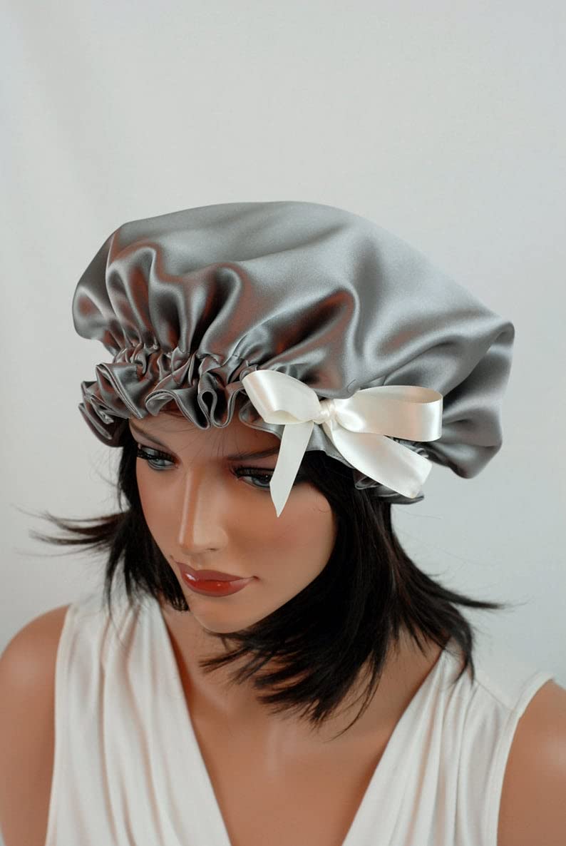 VIYANSHI Adjustable Satin Sleep Cap Hair Bonnet Double Layered Reversible for Women Protective Sleep Hairstyles Silver - Image 3