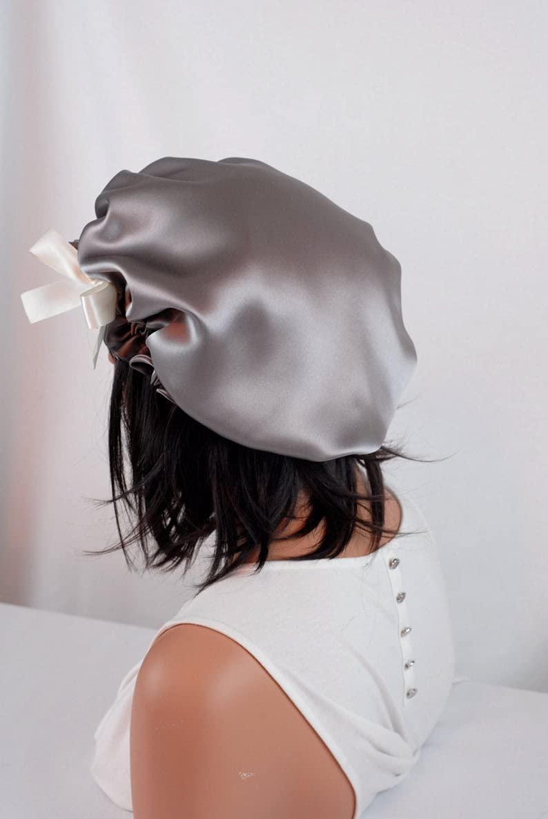 VIYANSHI Adjustable Satin Sleep Cap Hair Bonnet Double Layered Reversible for Women Protective Sleep Hairstyles Silver - Image 4