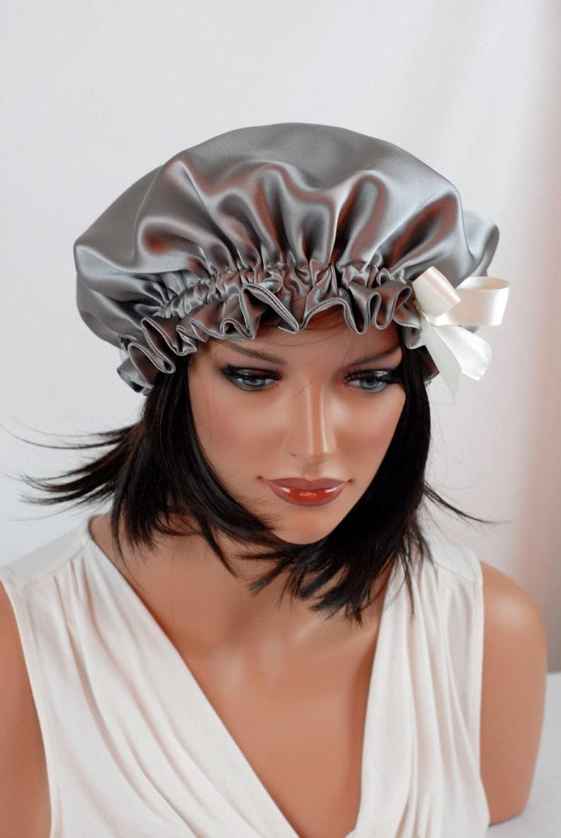 VIYANSHI Adjustable Satin Sleep Cap Hair Bonnet Double Layered Reversible for Women Protective Sleep Hairstyles Silver - Image 5