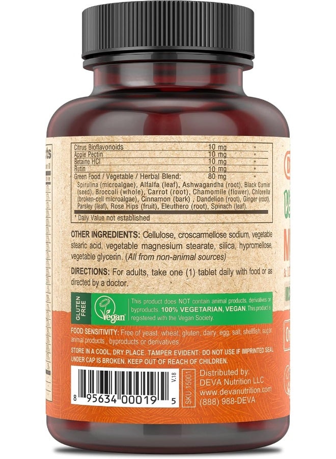DEVA Vegan Iron-Free Multivitamin & Mineral Supplement, Green Food Blend, Spirulina, Chlorella, Ashwagandha, Broccoli, 90 Coated Tablets - Image 3
