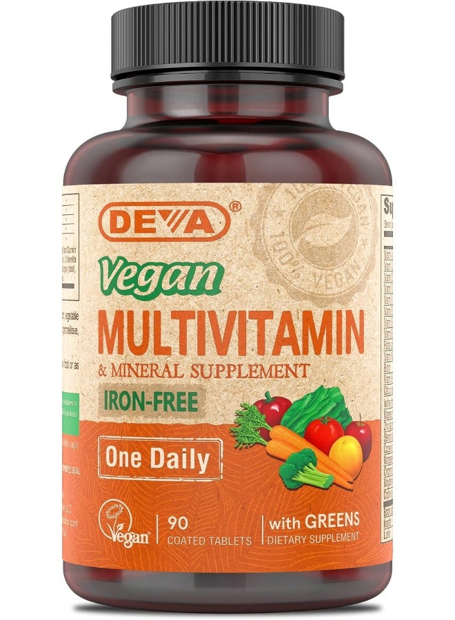 DEVA Vegan Iron-Free Multivitamin & Mineral Supplement, Green Food Blend, Spirulina, Chlorella, Ashwagandha, Broccoli, 90 Coated Tablets - Image 1