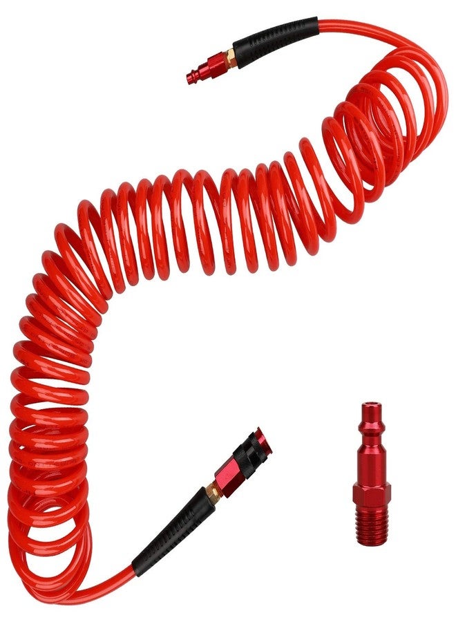 Hromee 1/4 in x 25 ft Polyurethane Recoil Air Hose with Bend Restrictors Compressor Hose with 1/4" Industrial Universal Quick Coupler and I/M Plug Kit, Red - Image 1