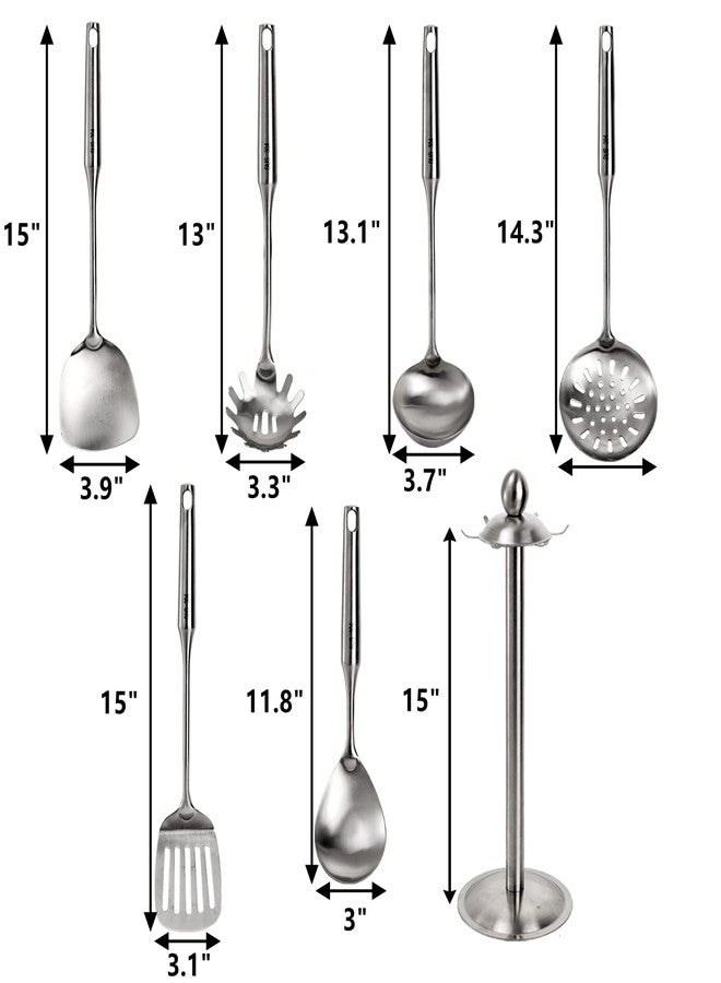 Peohud Set of 7 Kitchen Utensil Set, 304 Stainless Steel Cooking Tools, Cookware Set with Rotating Holder, Slotted Spoon, Slotted Spatula, Large Spoon, Soup Ladle, Spatula, Spaghetti Server, Silver - Image 2