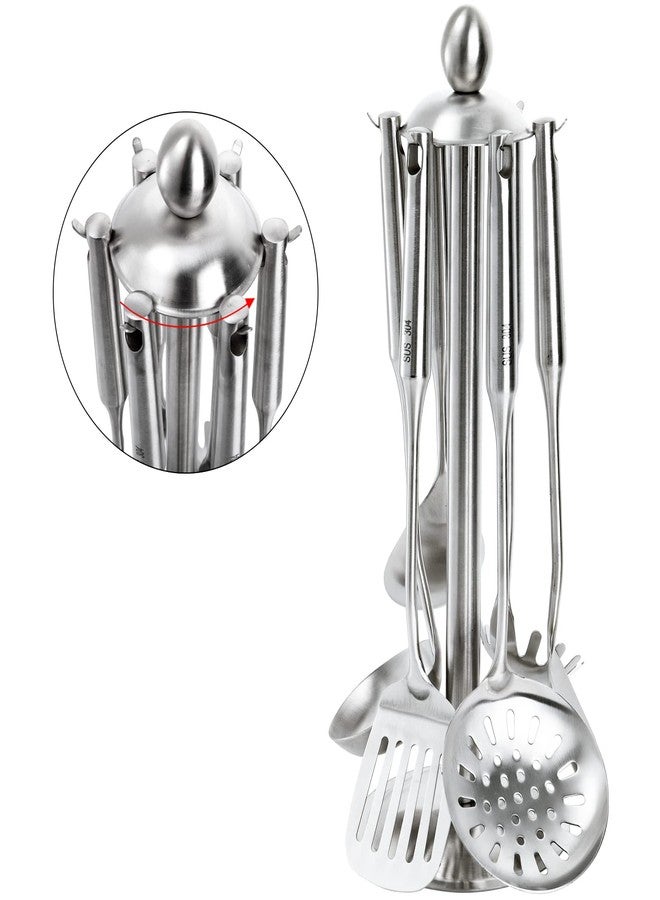 Peohud Set of 7 Kitchen Utensil Set, 304 Stainless Steel Cooking Tools, Cookware Set with Rotating Holder, Slotted Spoon, Slotted Spatula, Large Spoon, Soup Ladle, Spatula, Spaghetti Server, Silver - Image 3