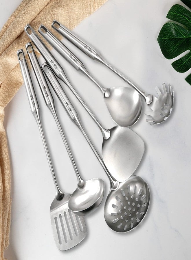 Peohud Set of 7 Kitchen Utensil Set, 304 Stainless Steel Cooking Tools, Cookware Set with Rotating Holder, Slotted Spoon, Slotted Spatula, Large Spoon, Soup Ladle, Spatula, Spaghetti Server, Silver - Image 5