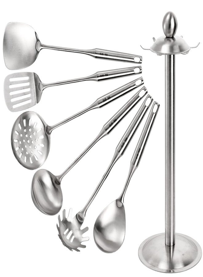 Peohud Set of 7 Kitchen Utensil Set, 304 Stainless Steel Cooking Tools, Cookware Set with Rotating Holder, Slotted Spoon, Slotted Spatula, Large Spoon, Soup Ladle, Spatula, Spaghetti Server, Silver - Image 1
