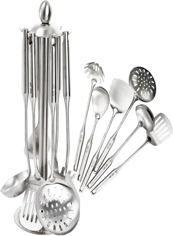 Peohud Set of 7 Kitchen Utensil Set, 304 Stainless Steel Cooking Tools, Cookware Set with Rotating Holder, Slotted Spoon, Slotted Spatula, Large Spoon, Soup Ladle, Spatula, Spaghetti Server, Silver - Image 4