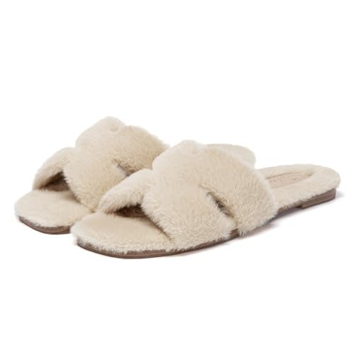 Athlefit Women's Fuzzy Slippers Cute Comfy Fluffy Open Toe Slip-on House Slide Slippers for Indoor Bedroom Bridesmaid, Camel, Size 8, AD01354 - Image 5