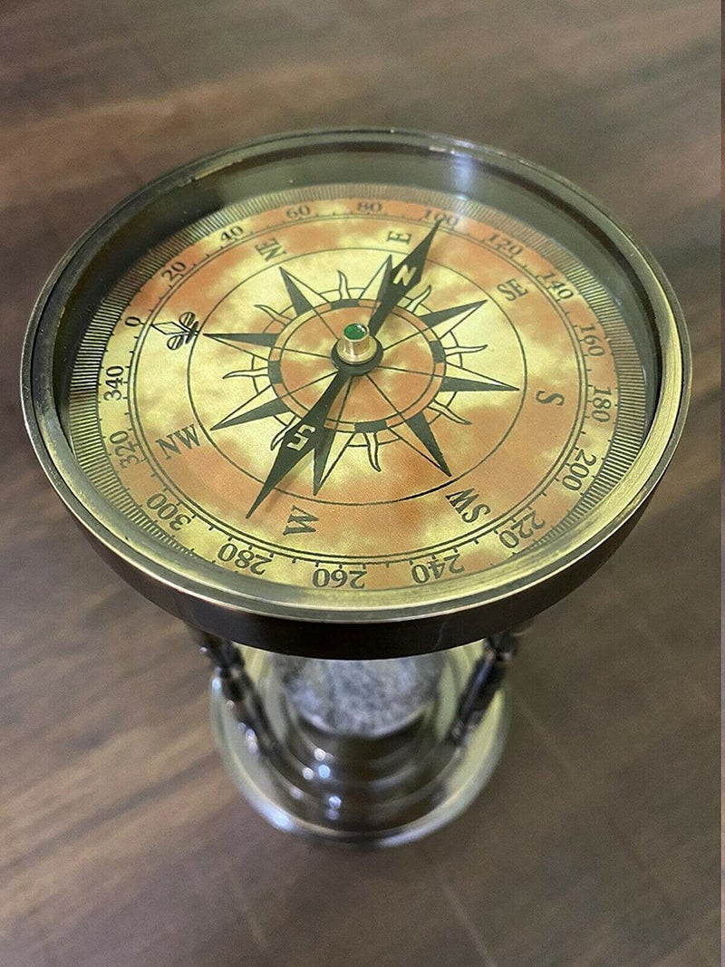 Handmade Antique Brass Compass Hourglass Nautical Maritime Old Sand Clock Timer - Image 2