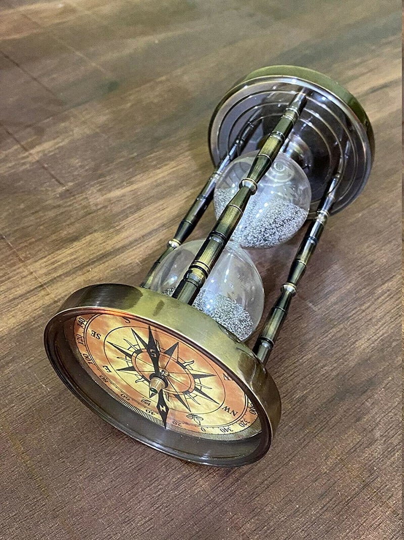 Handmade Antique Brass Compass Hourglass Nautical Maritime Old Sand Clock Timer - Image 5