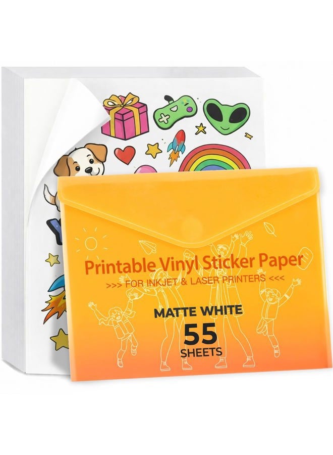 JANDJPACKAGING Printable Vinyl for Inkjet Printer - 55 Pack Matte White Printable Vinyl Sticker Paper Dries Quickly Vivid Colors, Holds Ink Well, Tear Resistant, Inkjet & Laser Printer - Image 1