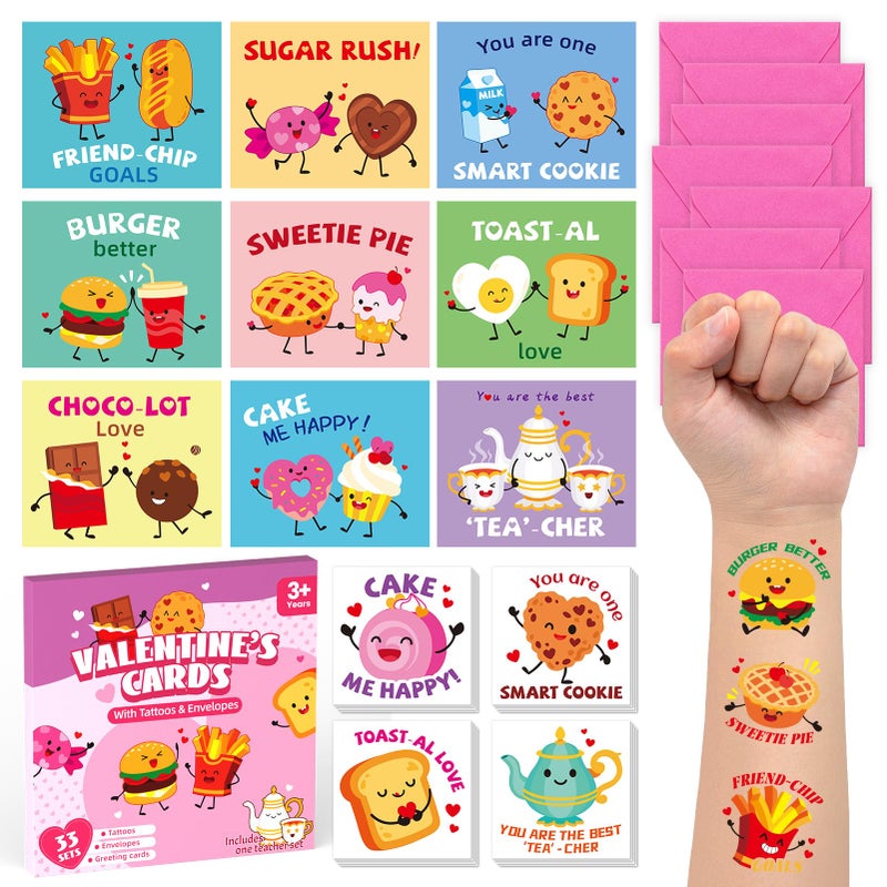 PARTYWIND Funny Food Pun Valentines Cards for Kids - 33 Sets with Valentine Cards,Temporary Tattoos & Envelopes (Includes 1 Teacher Set),Valentines Day Cards for Kids School Classroom Exchange - Image 1